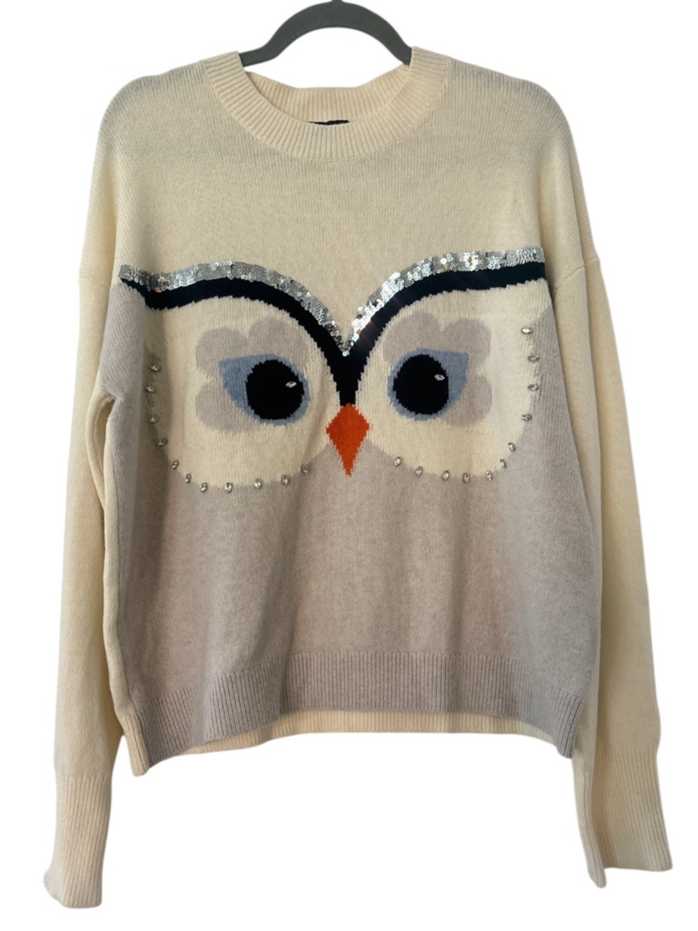 Kate Spade Hoot Embellished Owl Wool Blend Sweater in Ivory and Gray Size Large - Picture 2 of 7
